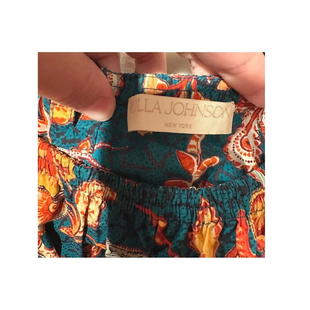Ulla Johnson Frances Top Teal Floral Batik Puff Sleeve Cotton Blouse‎ Size 4